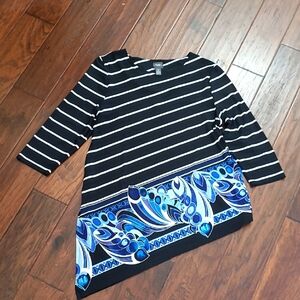 Chico's Striped Asymmetrical Tunic Featuring a Blue Patterned Hem Size 2 (Large)